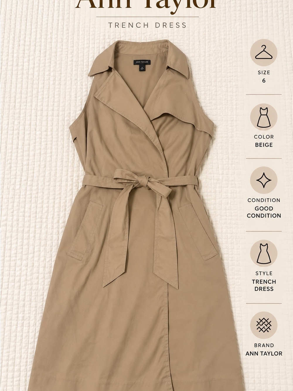 Ann Taylor Beige Sleeveless Belted Trench Dress